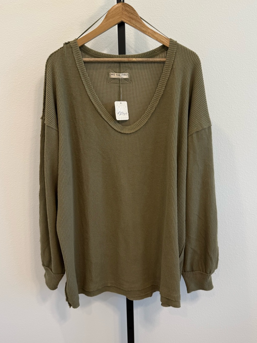 NWT Free People Coast to Coast Olive Waffle Knit Oversized Shirt Large Boho